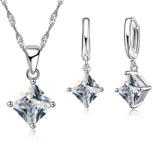 Jewelry - Woman Earrings And Necklace Pendant Square 925 Sterling Silver Set Bundle